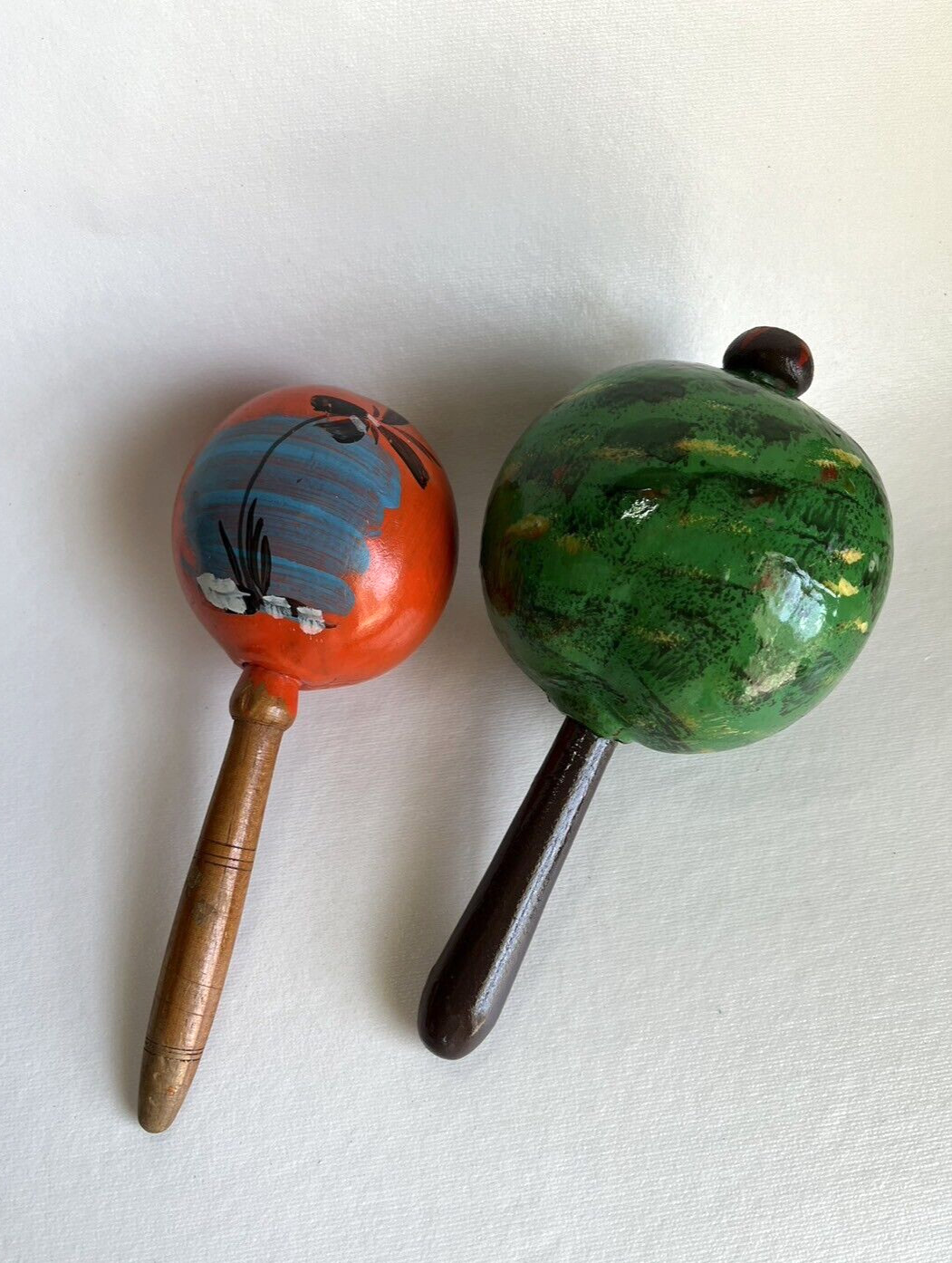 Vintage Hand Made Painted Green and Orange Carved Wood Shaker Maracas Lot of 2