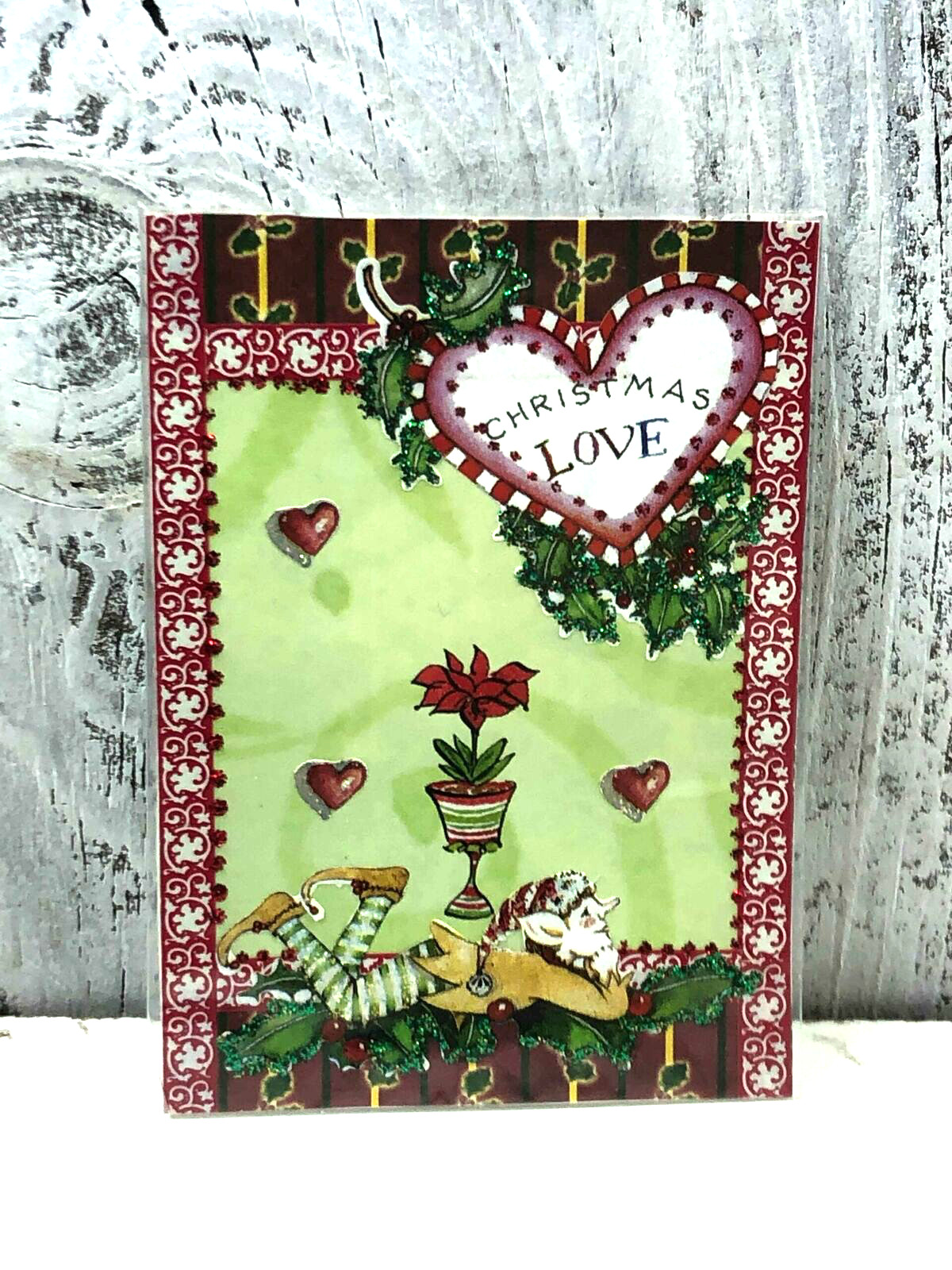 CHRISTMAS LOVE - ACEO ARTIST TRADING CARD HANDMADE STICKERS GLITTER