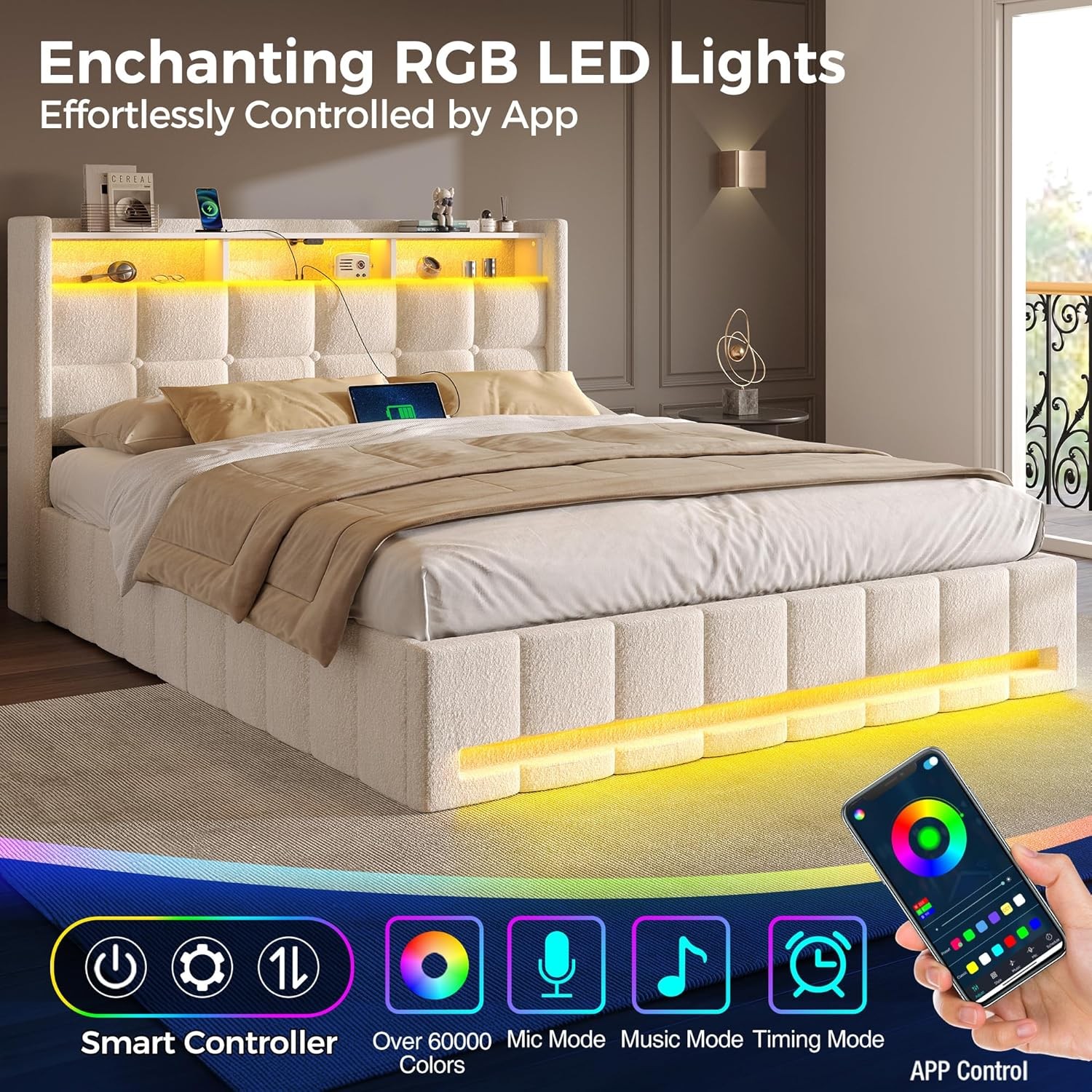 Rolanstar Full Bed Frame LED Lift Up Storage