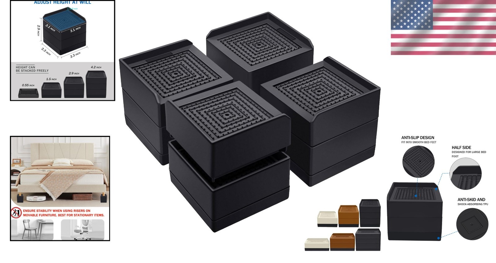 Stackable Bed Risers for Enhanced Storage - 1300 lb Capacity, 3 Inch Elevation
