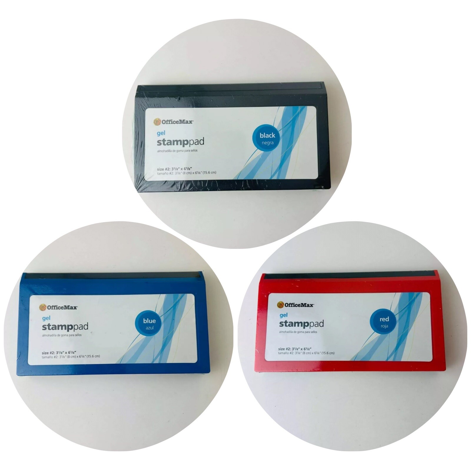 Set of 3 Office Max Gel Stamp Pad Size 3.1"x6.2" (3 Assorted Red, Blue & Black)