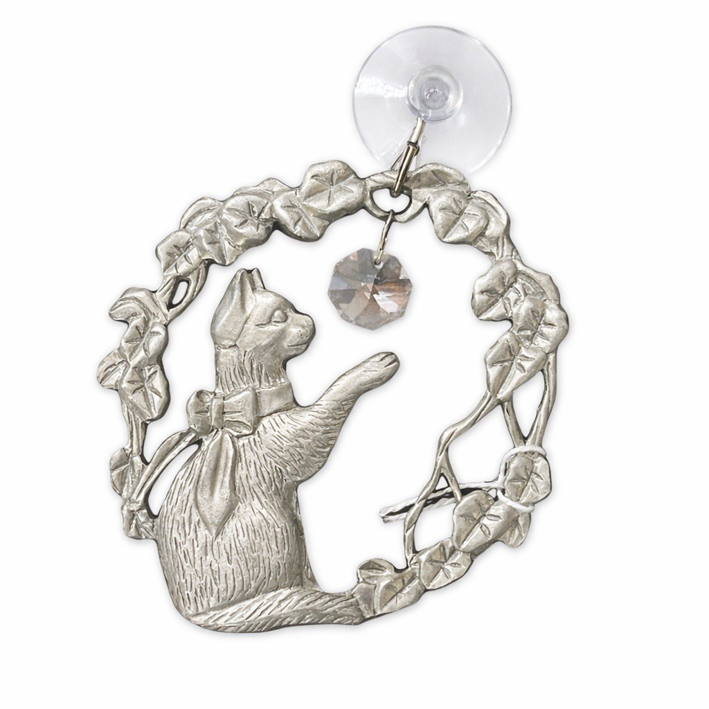 Vintage Seagull Pewter Cat Suncatcher With Hanging Crystal Prism, Suction Cup