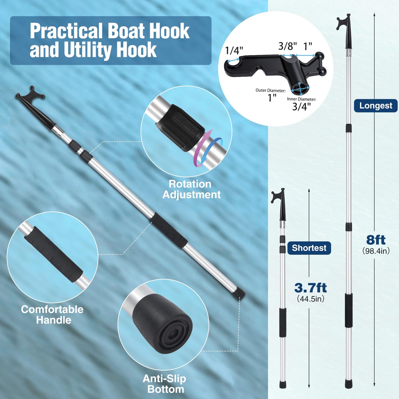 Lineslife Boat Hooks For Docking4-8Ft Telescoping Pole Utility Hook Christmas