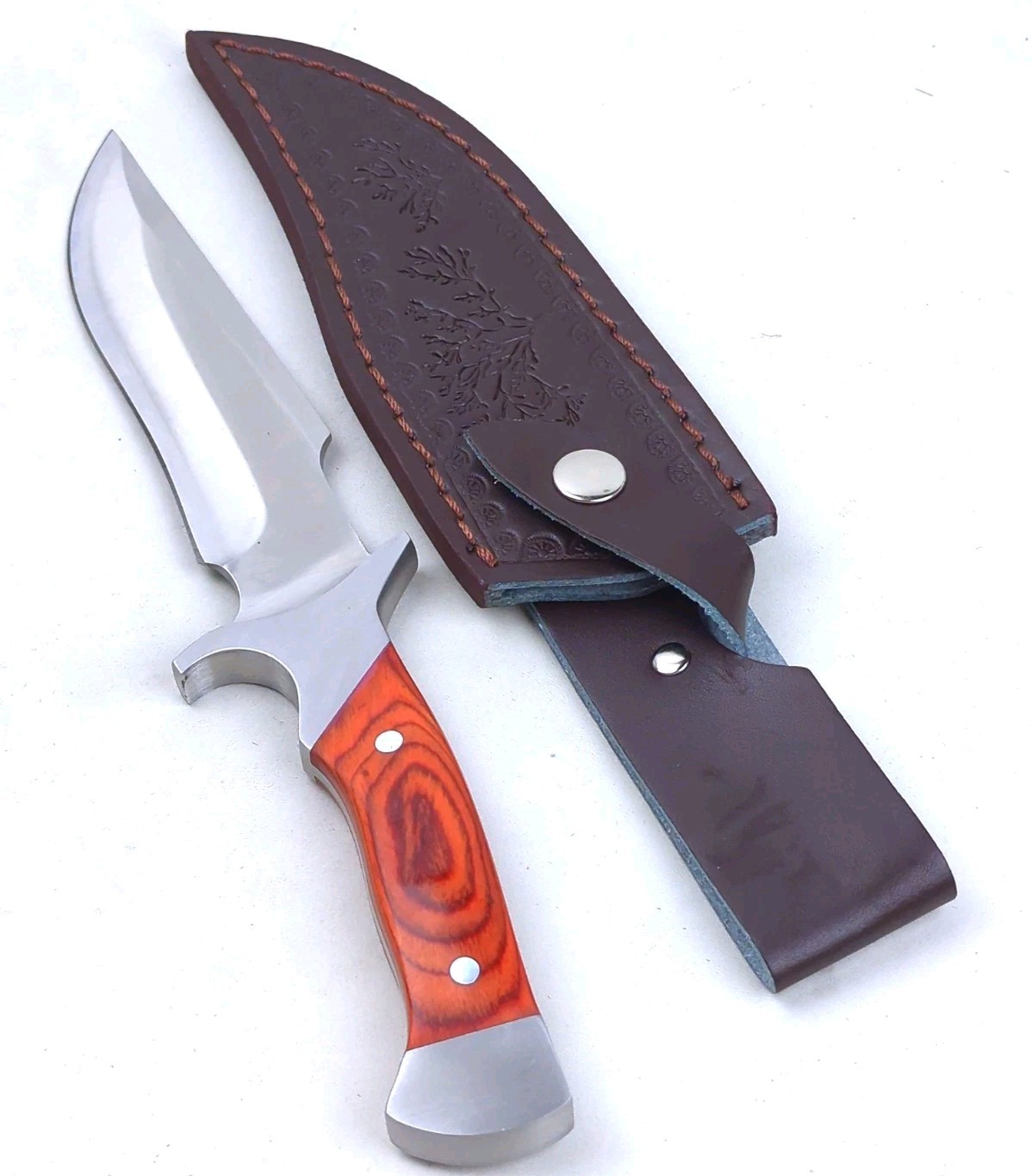 Hunting Knife w/ 5.75 in STAINLESS STEEL Blade & WOOD Handle + PU LEATHER Sheath