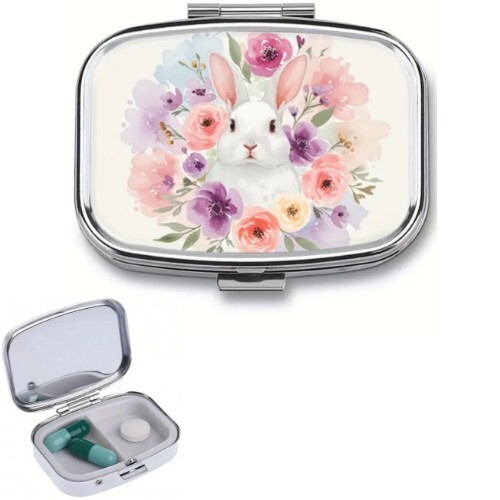 Pink Floral Rabbit Design Metal Pill Box - 2 Compartment Portable Size