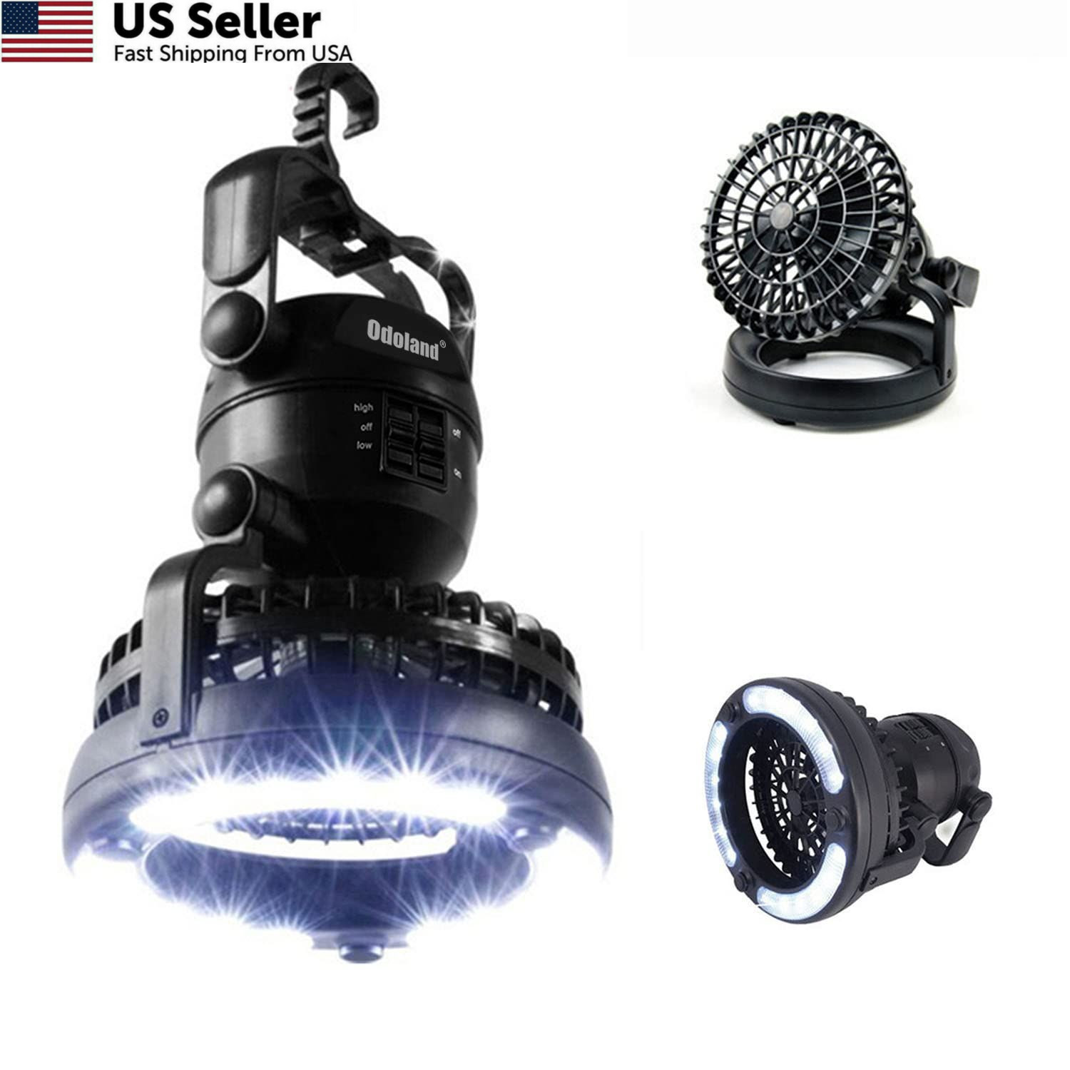 Odoland Portable LED Camping Lantern with Ceiling Fan - 7 x 6 x 6", Black