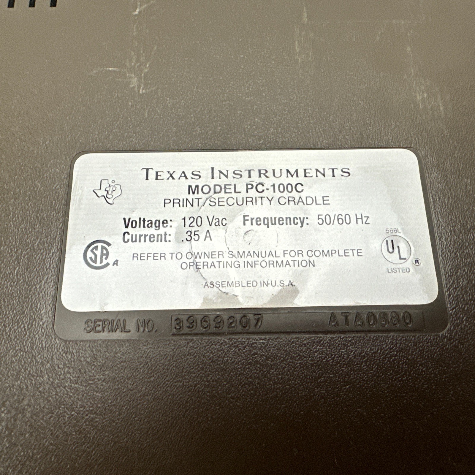 Texas Instruments PC-100C Thermal Print Security Cradle - UNTESTED Rare Vintage