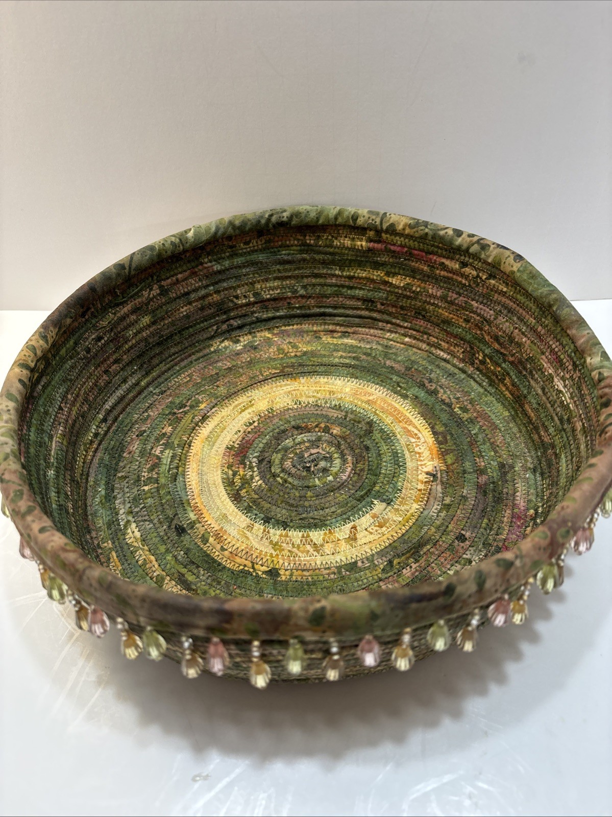 Batik Clothesline Cord Basket  With Beads . 10” Round By 3” High