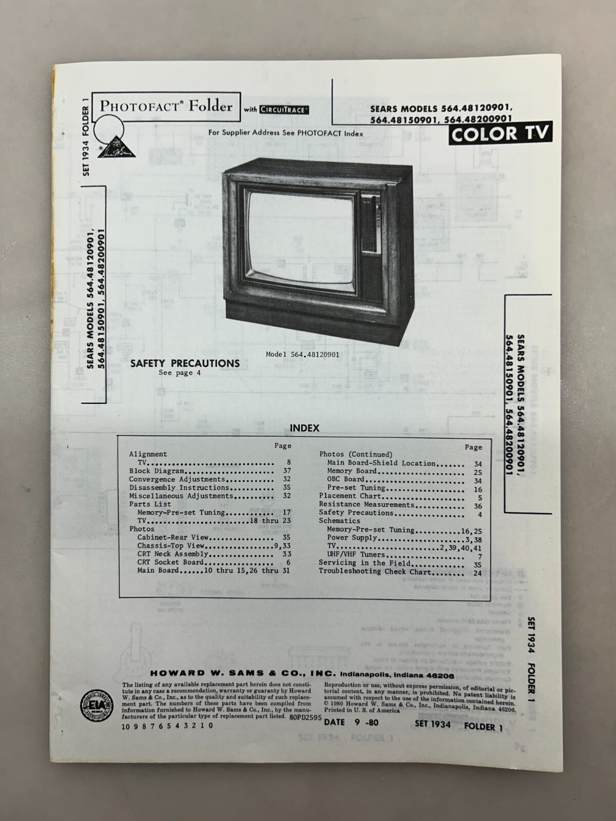 Sears 564.48120901 48150901 48200901 Service Manual Sams Photofact Free Shipping