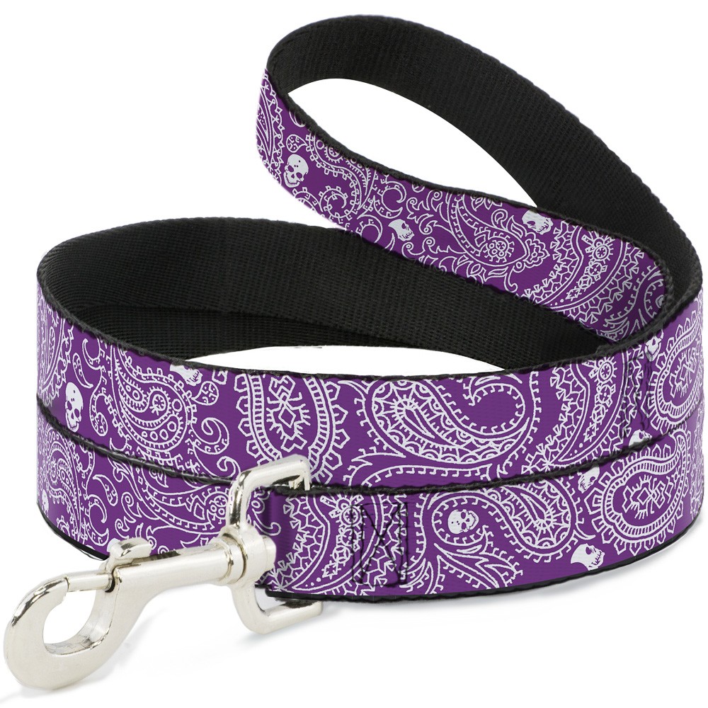 Dog Leash 6-FEET Bandana/Skulls Purple/White NARROW 0.5"
