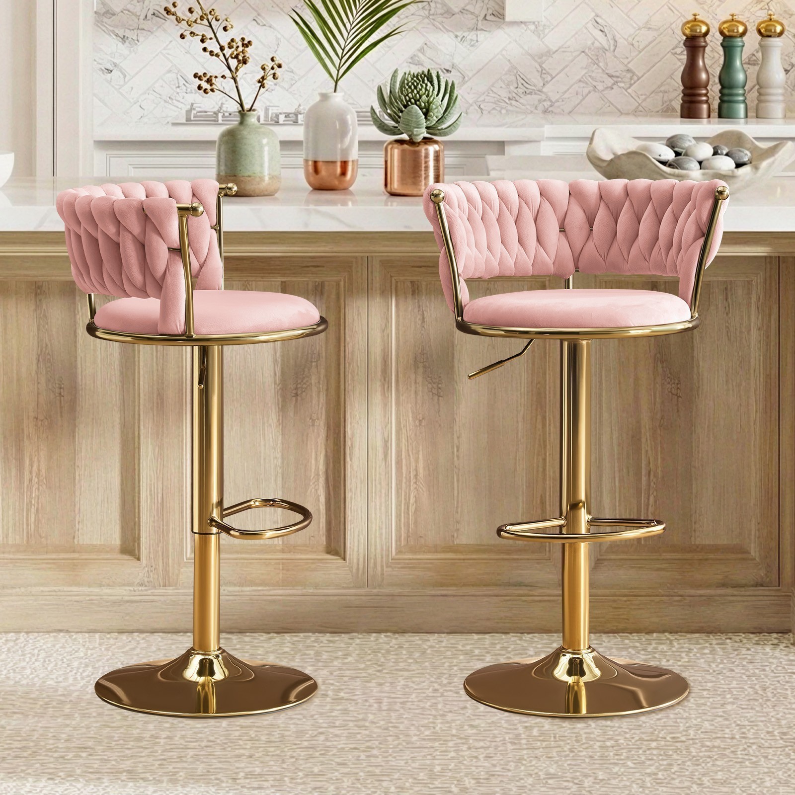 Home Bar Stools Gold,Set of 2,Modern Swivel Stools Comfortable for Entertaining‌