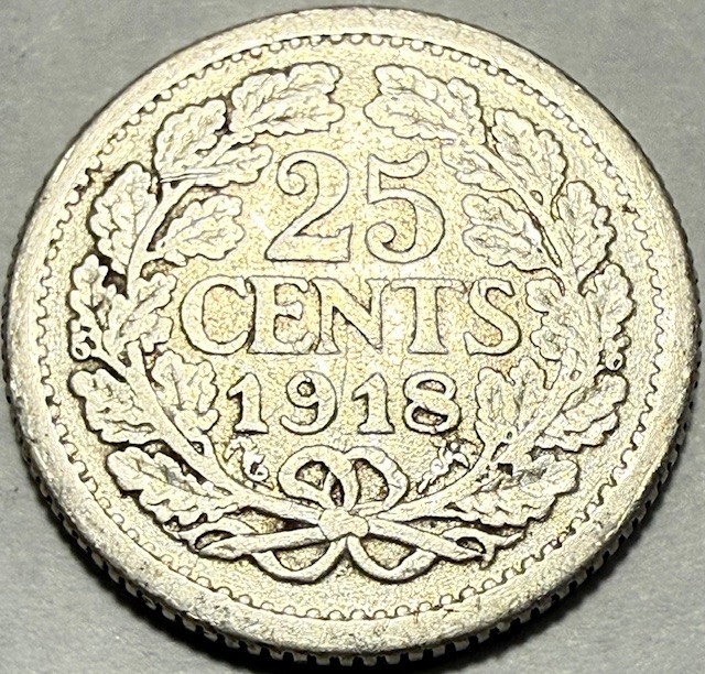 NETHERLANDS - Queen Wilhelmina - Silver 25 Cents - 1918 - Km-146 - FREE USA S&H!
