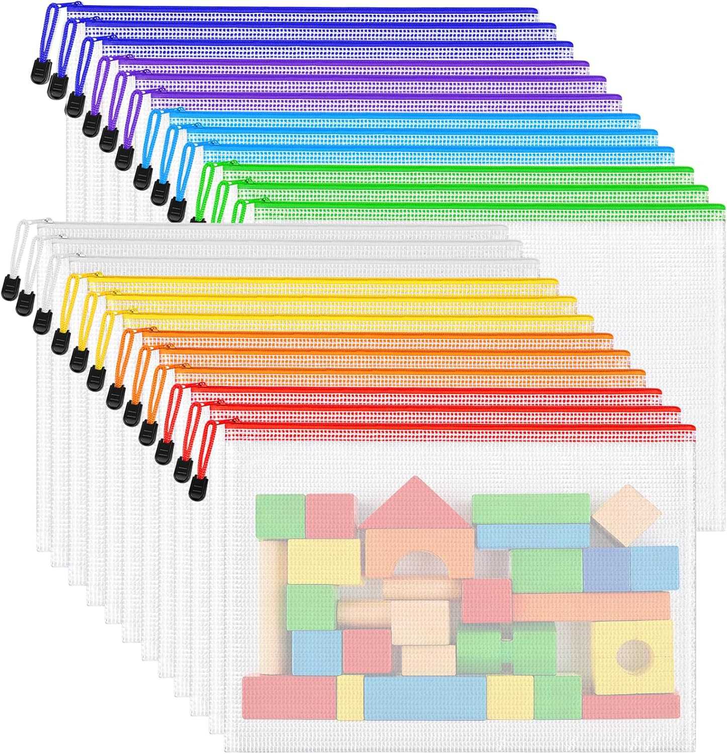 24Pcs Mesh Zipper Pouch Bags, A3 Large Size 8 Colors Plastic Zipper Bags for Org