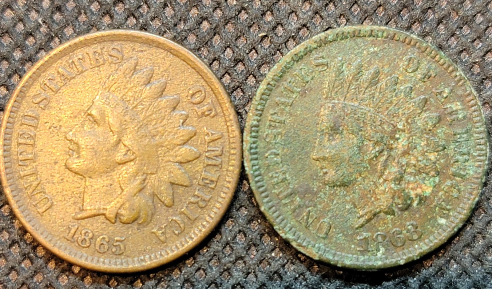 2 INDIAN HEAD CENTS 1865, 1868, both have full liberty but porous L1943