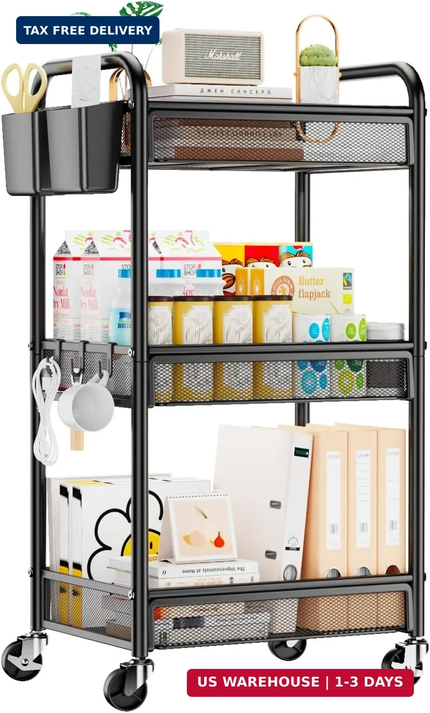 3 Tier Rolling Cart - Metal Utility Storage Carts with Wheels, Craft Car