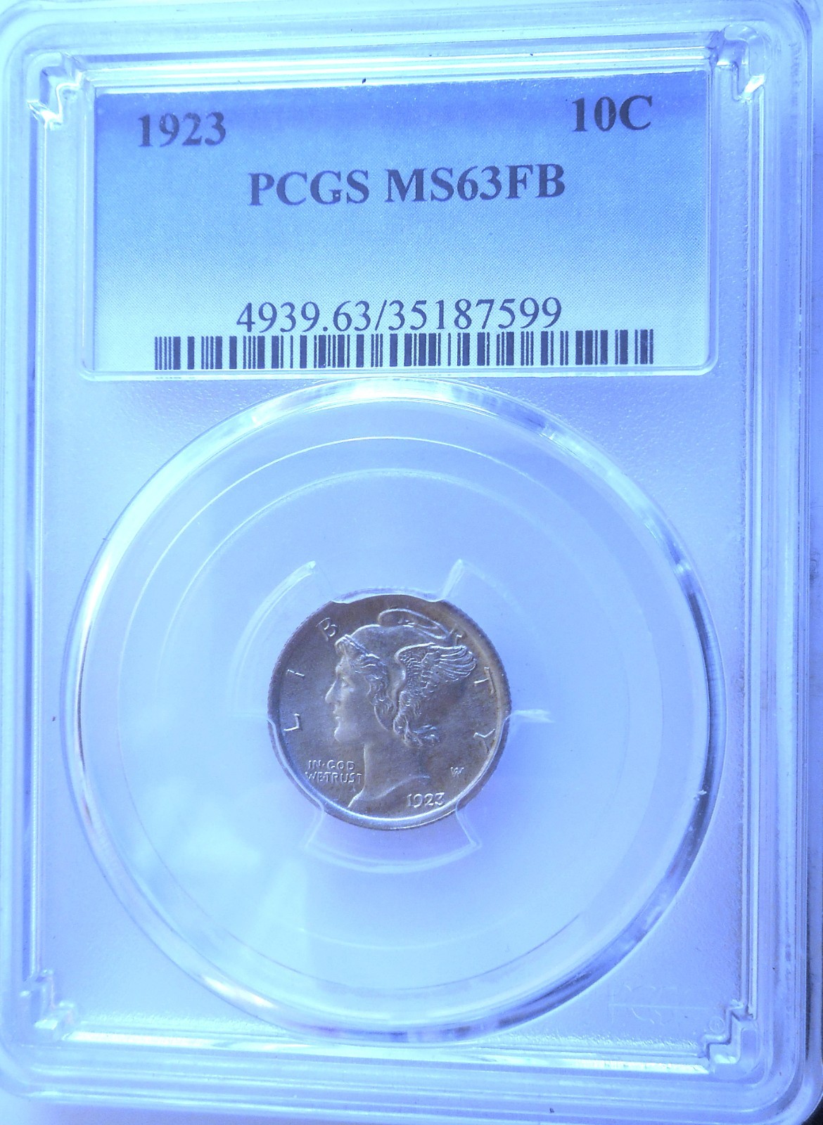 1923 . Mercury Dime . PCGS MS63FB . Choice BU . Original Full Bands