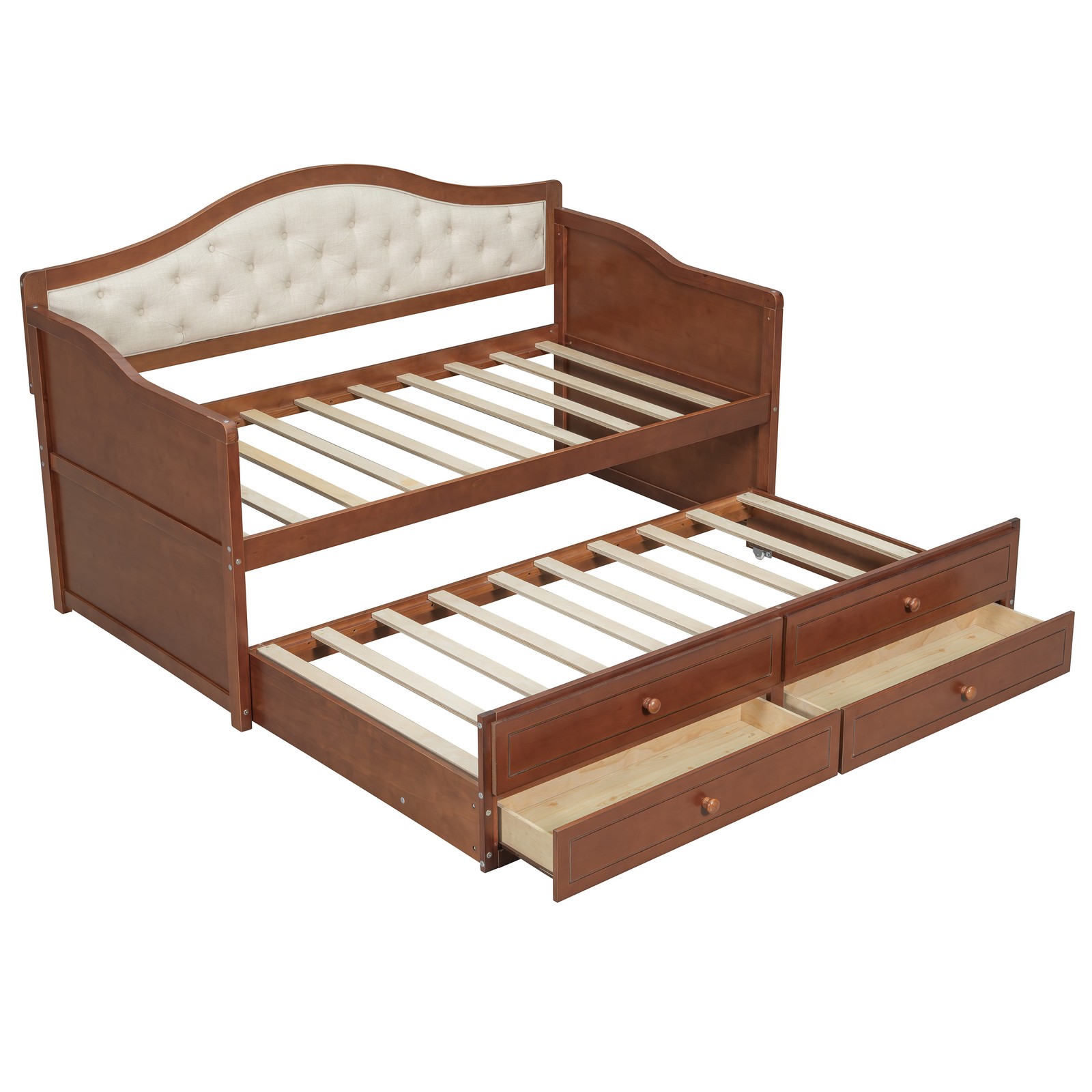 Twin Daybed with Trundle Upholstered Headboard 2 Drawers Wooden Sofa Bed Walnut