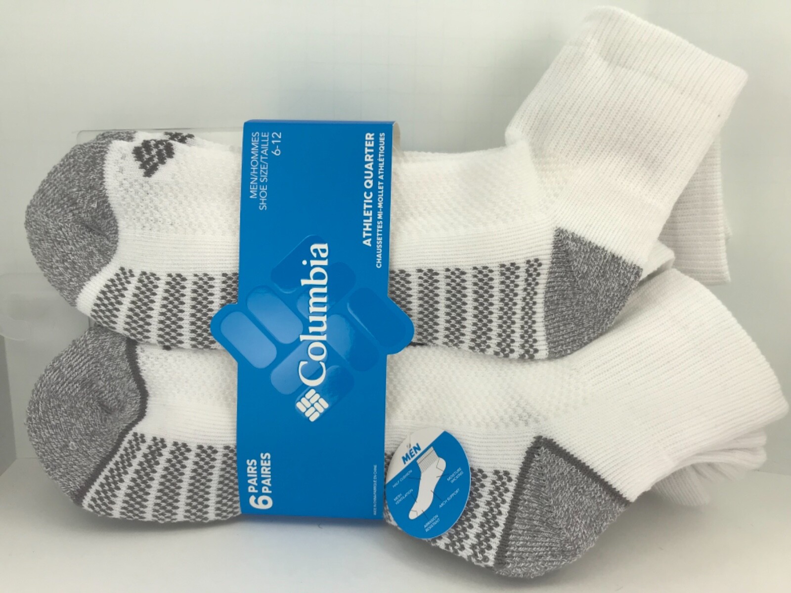Men's COLUMBIA Socks, White Quarter Crew Socks, 6 Pack, $36 MSRP 🌲🎒