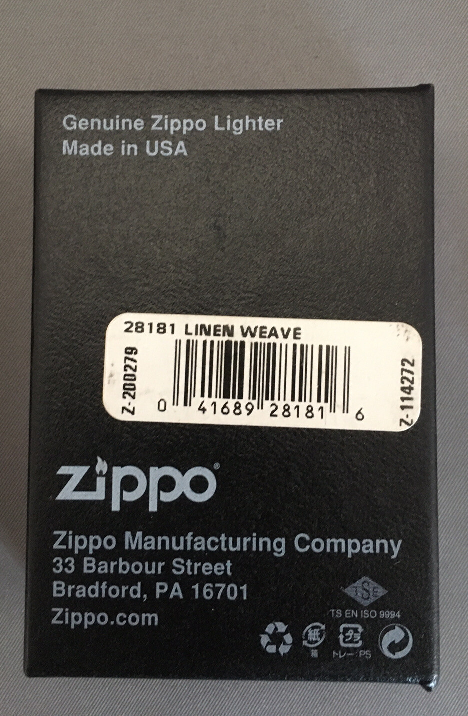 Zippo Windproof Chrome Lighter With Linen Weave Pattern, 28181, Preowned W/Box
