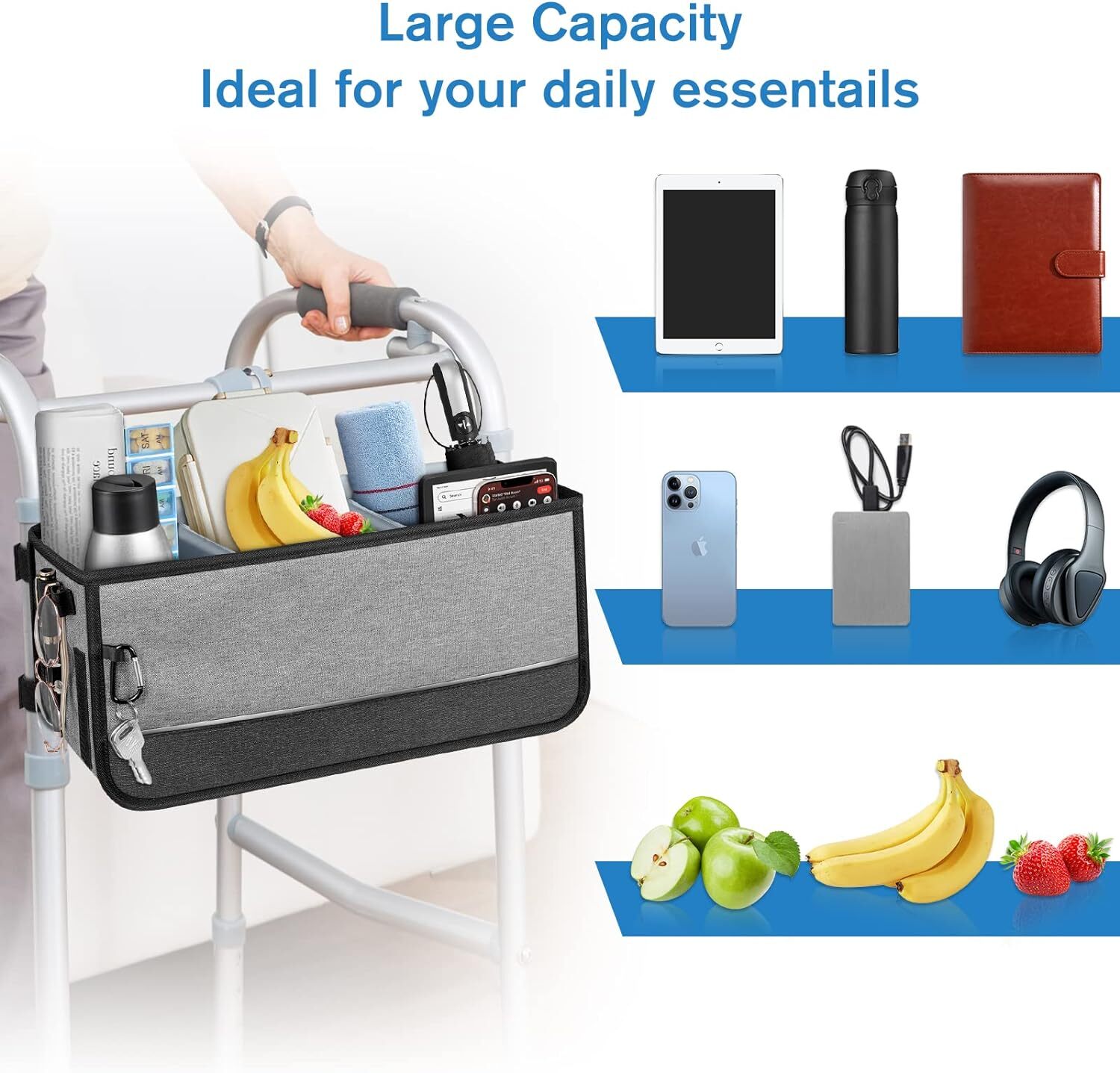 FINPAC Large Walker Basket for Folding Walkers Foldable Walker Storage Bag Strap
