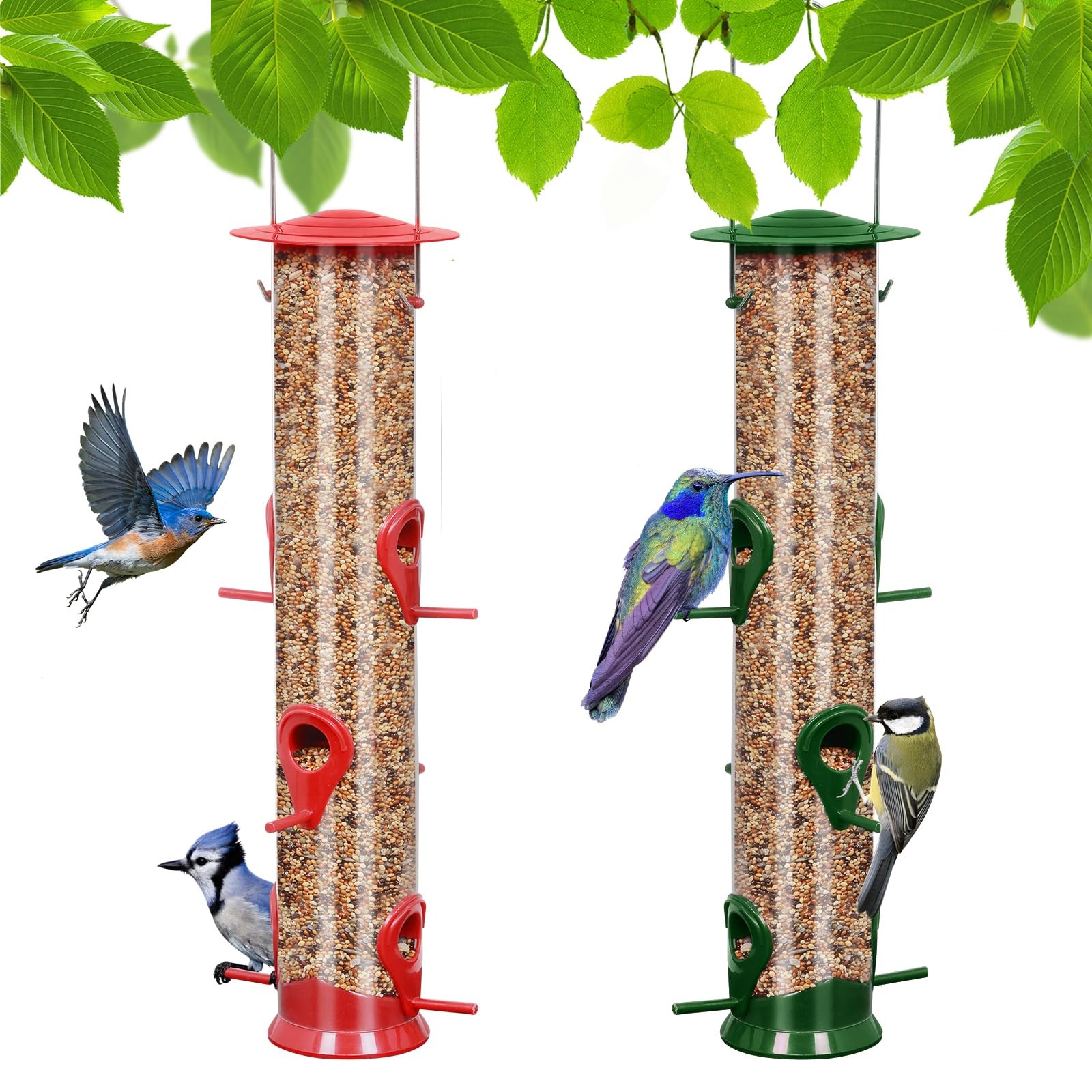 2 Packs Bird Feeder Tube Hanging Feeders, 6 Port Wild 2Packs-red&green
