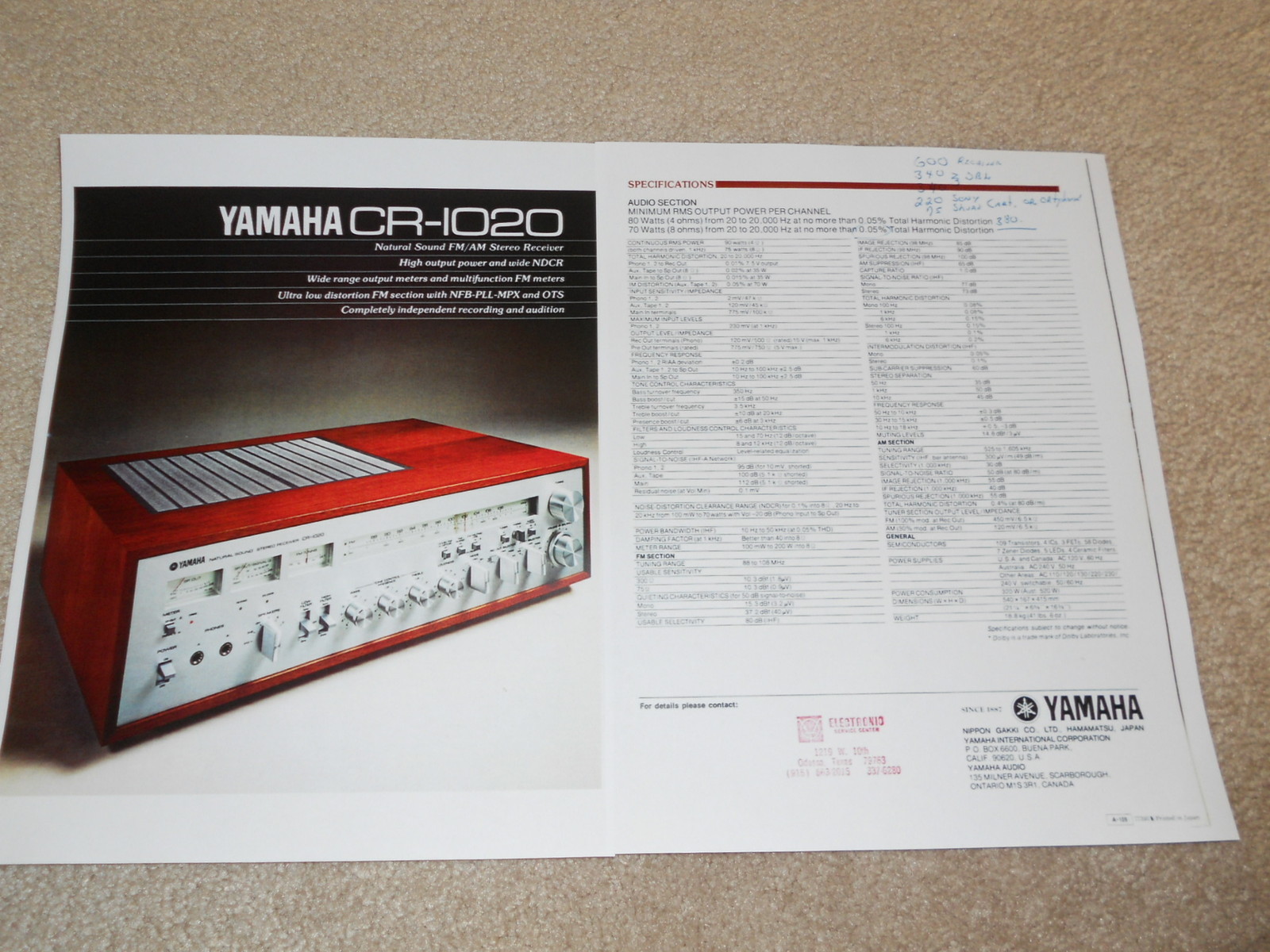 Yamaha CR-1020 Receiver Brochure, 2 pg, Best of Yamaha! Specs, Info, Very Rare!