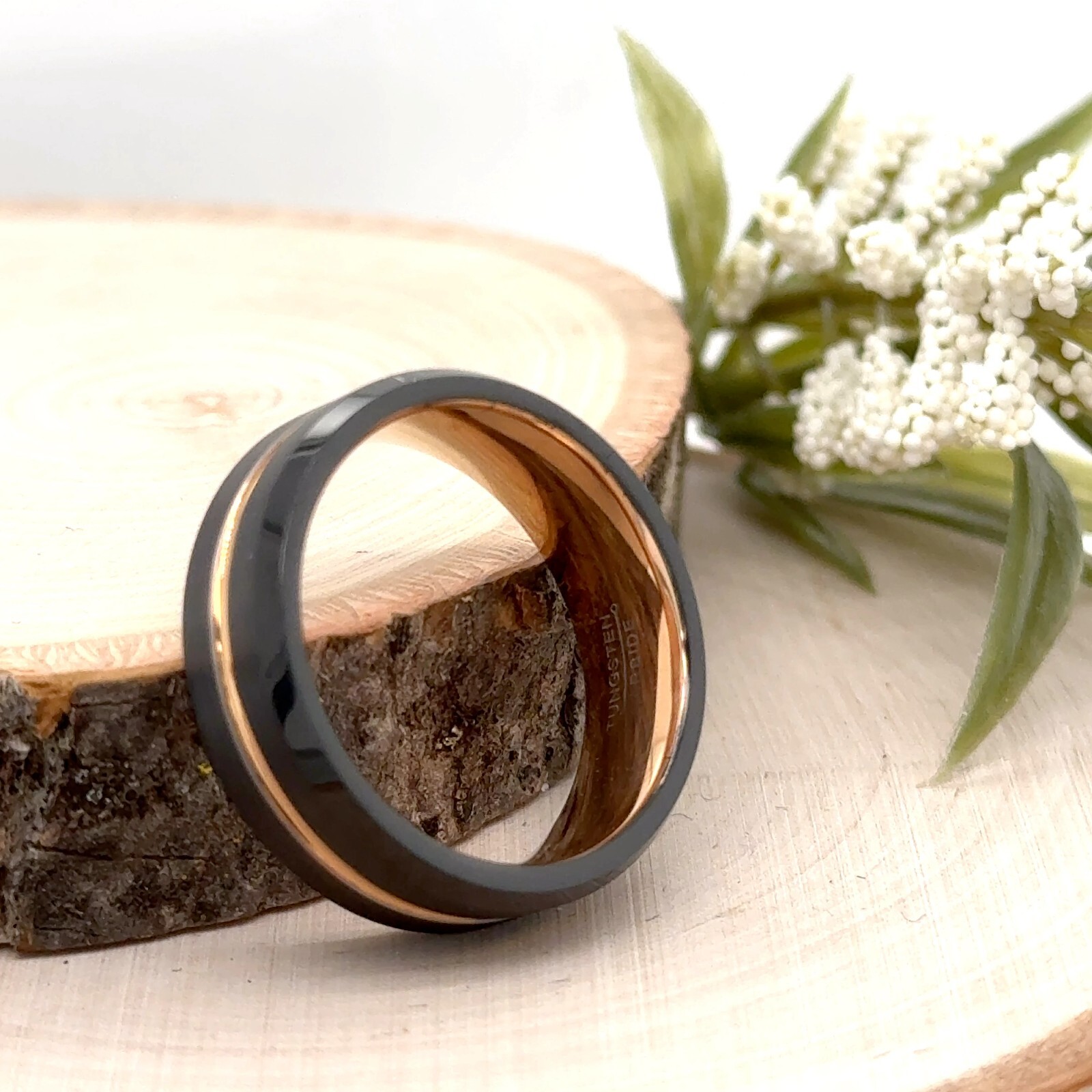Black & Rose Gold 8MM Tungsten Band – Brushed Groove Stepped Edge Holiday Ring