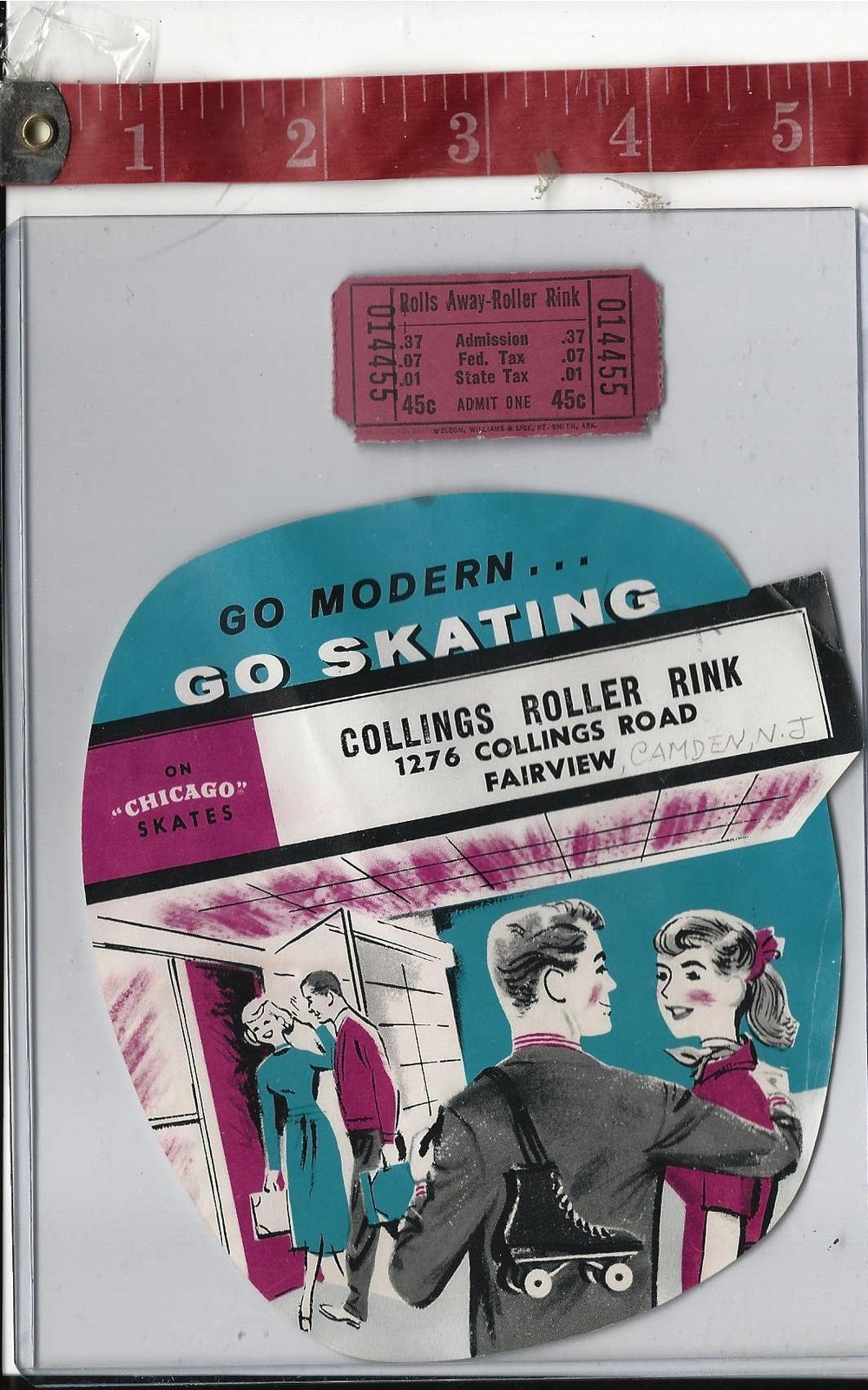 vintage lot roller rink decal Collins Camden New Jersey & ticket