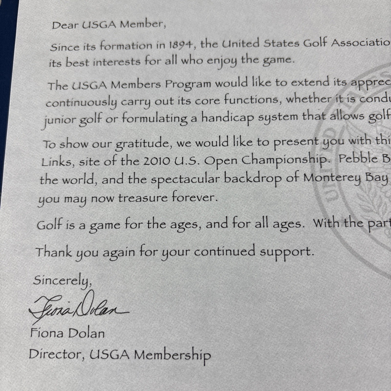 Letter & Print For USGA Members 7th Hole Pebble Beach 2010 US Open 10.5” x 5.5”