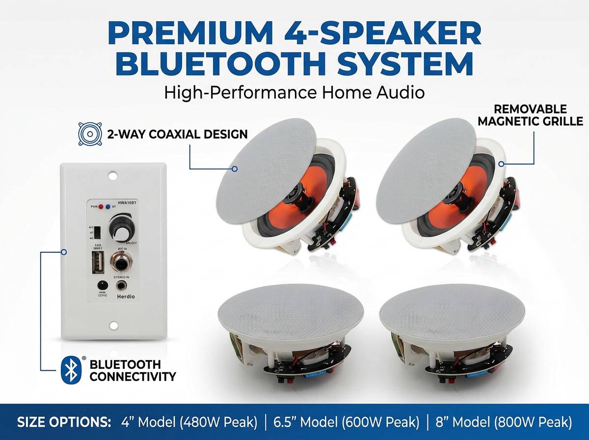 Herdio 4 Pack 2-Way Bluetooth Ceiling Speakers with in Wall Amplifier Receiver
