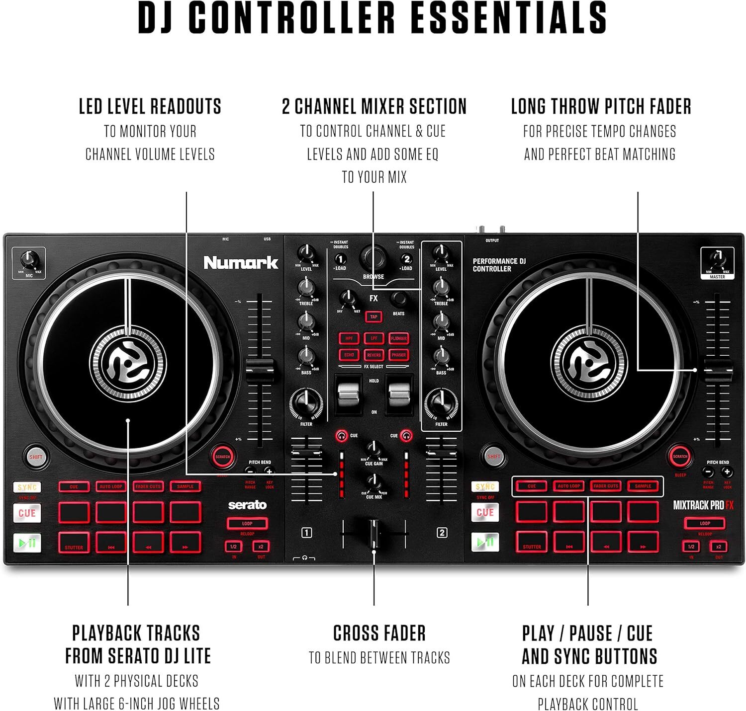 Numark Mixtrack Pro FX – 2 Deck DJ Controller For Serato DJ with DJ Mixer,
