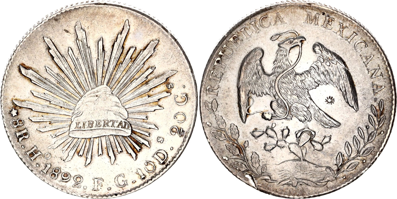 COIN Mexico 8 Reales 1892 Ho FG With Chopmarks KM#377.9 Silver UNC golden patina