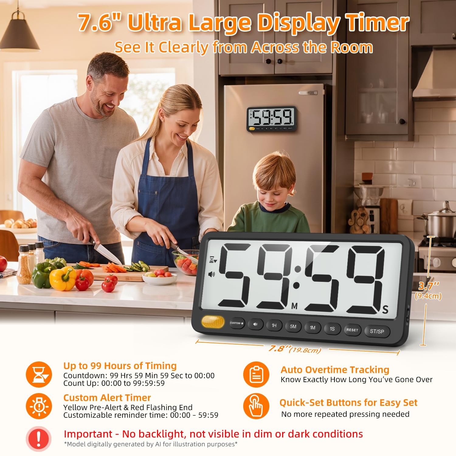 7.6 Inch Large Digital Kitchen Timer 99H Countdown Visual Alert Magnetic Cooking
