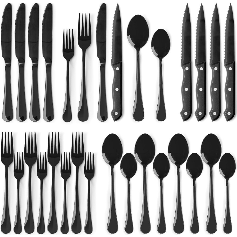 24-Piece Black Silverware Set with Steak Knives Flatware Set for 4