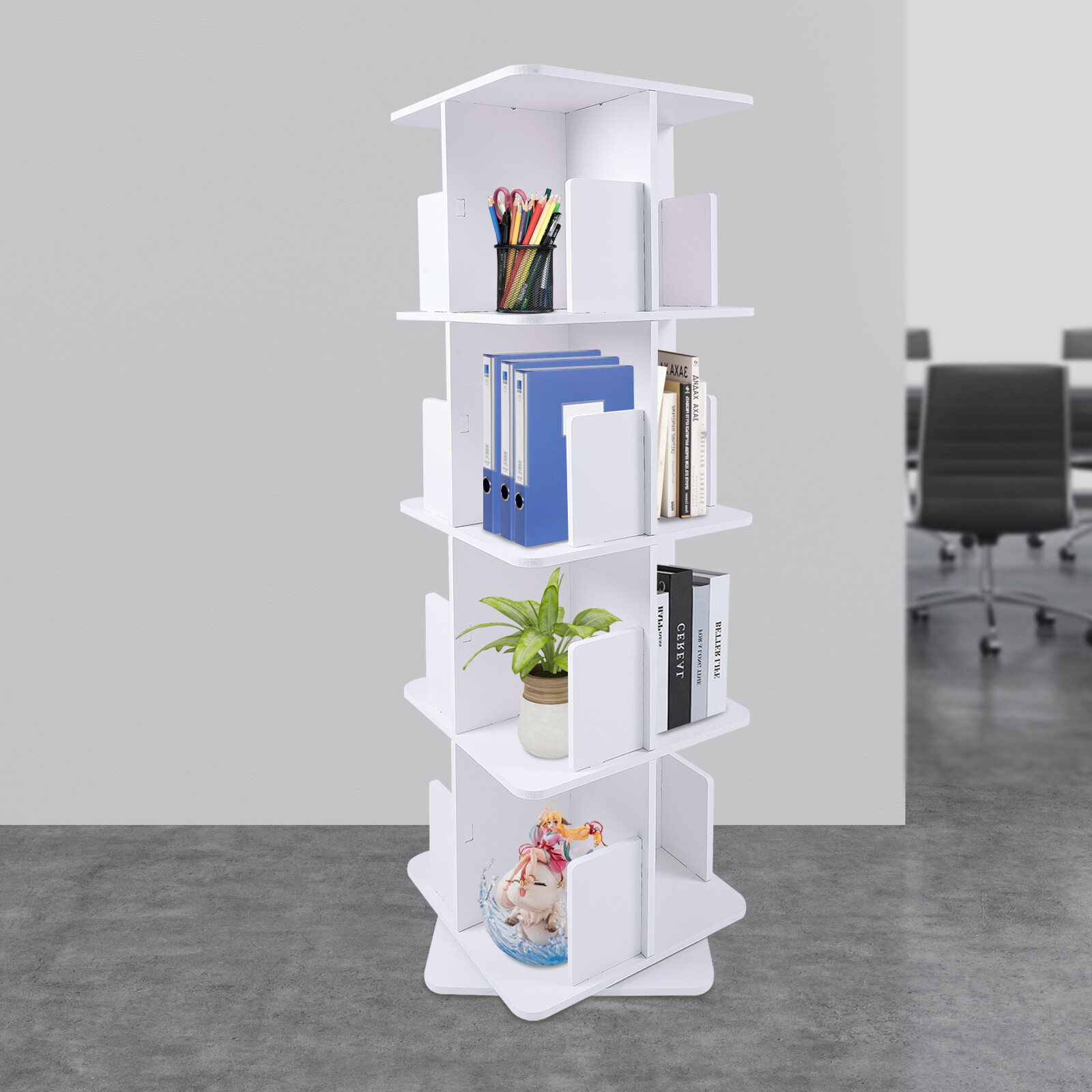 4-Tier White 360° Rotating Bookshelf Standing Bookcase Small Corner Bookcase