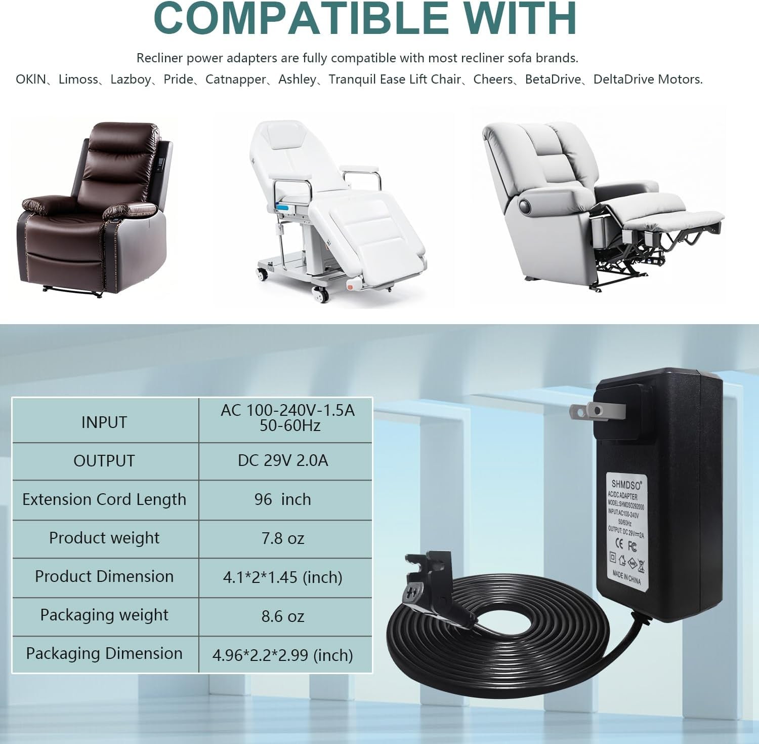 29V2A Lift Chair Power Supply, Compatible with Ashley, Catnapper, OKIN, black