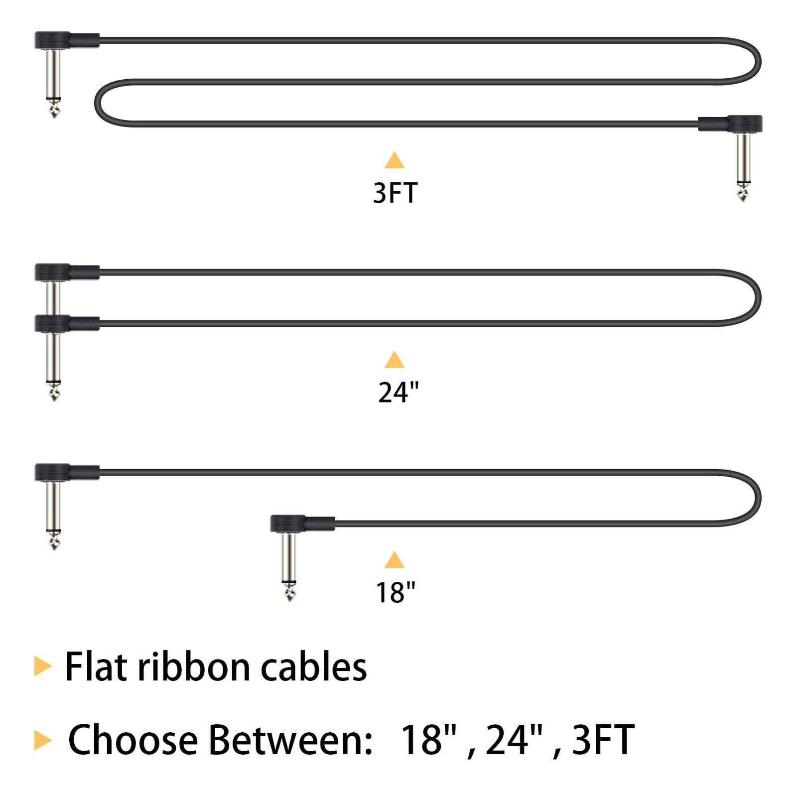 3FT Guitar Patch Cables, 1/4" TS Right Angle Effect Pedal Flat Cables 3 FT