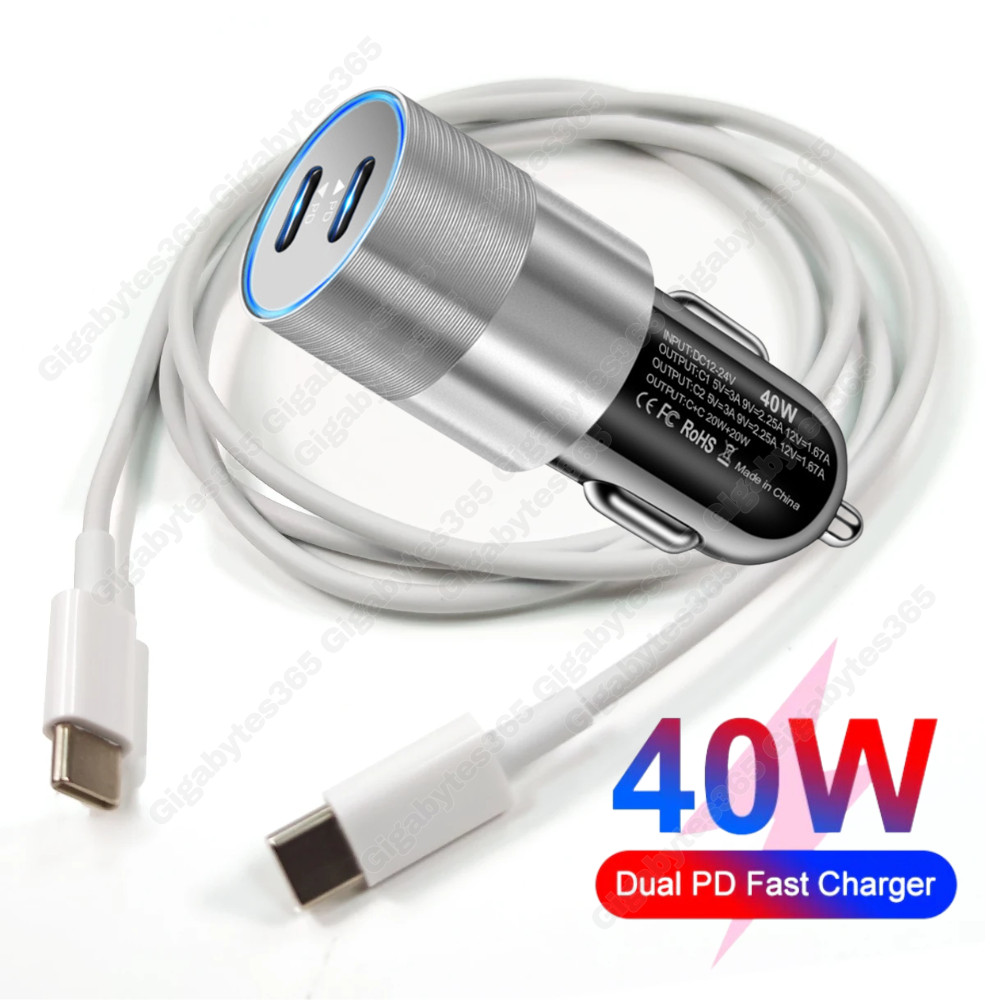 Car Charger 40W Dual PD USB-C Fast Adapter For iPhone 15 Pro Max Samsung Cable