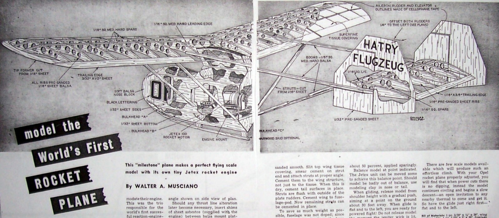 ROCKET PLANE PLAN & CONSTRUCTION ARTICLE for 28" Jetex Scale FF Model Airplane