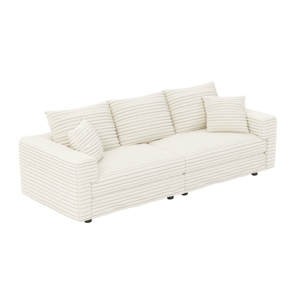 Modern Plush Corduroy 3-Seat Sofa w/ Ottoman,Convertible Lounge Chair-Beige