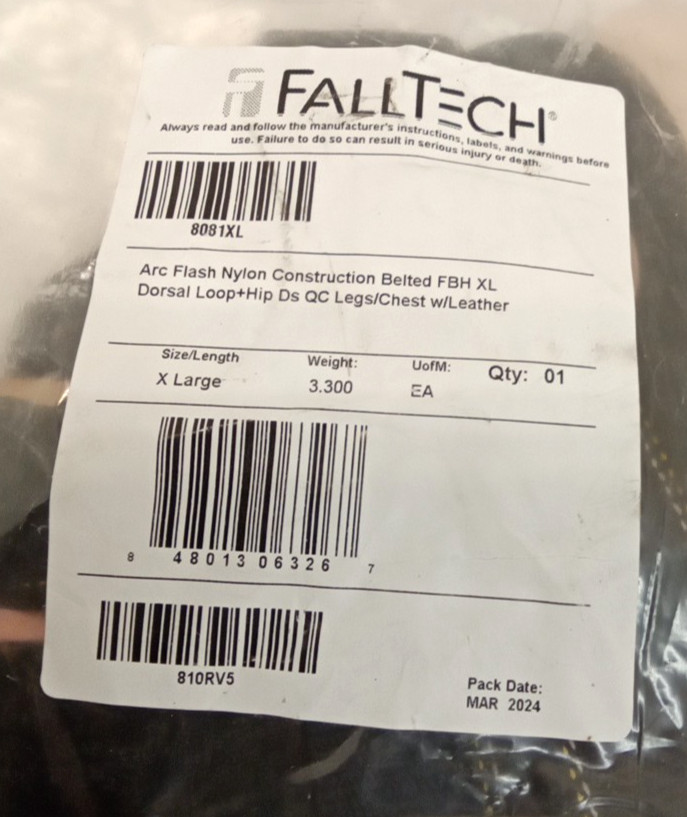 FallTech 8081XL Arc Flash Belted Looped Full Body Harness Quick Connect Adjust