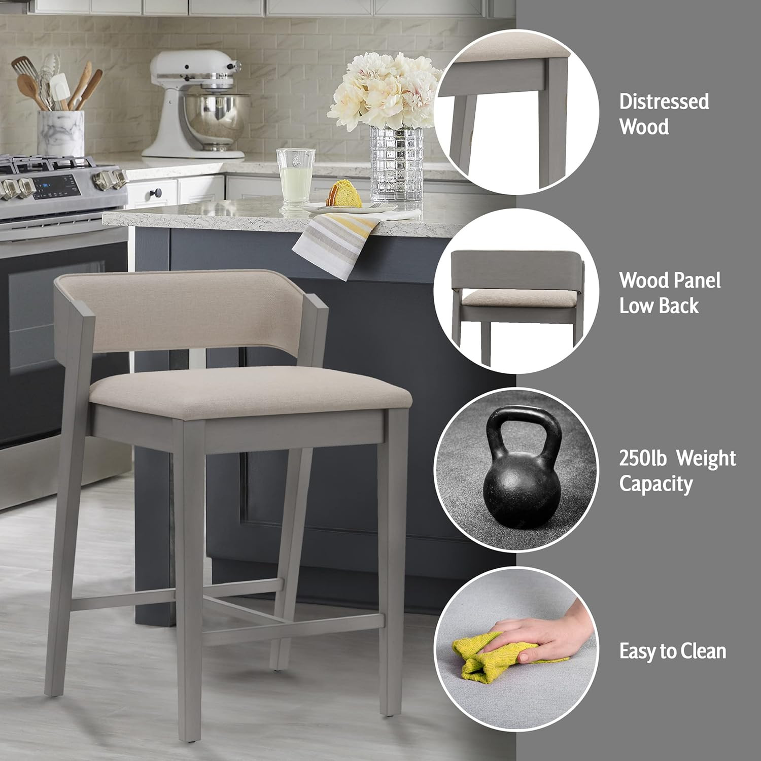 Dresden Wood Counter Height Stool, Distressed Gray