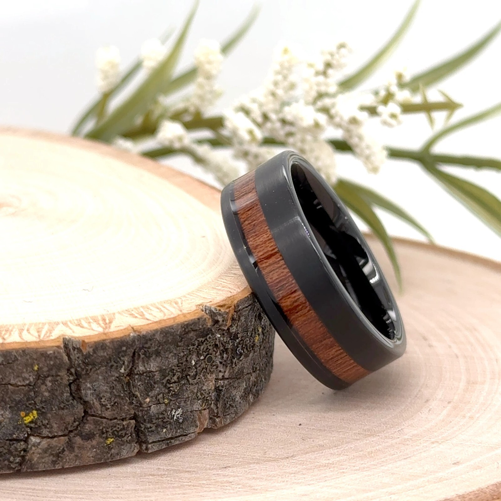 8MM Black Tungsten Carbide Ring Wood Inlay Unisex Engraved Band For Christmas