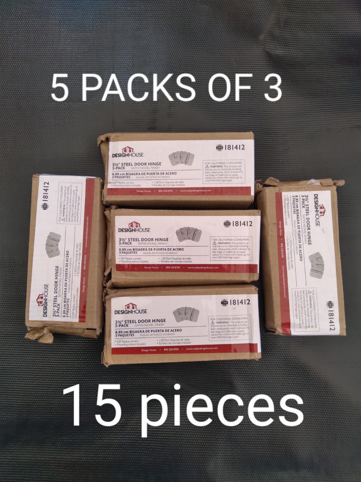 5x3=15 Pcs Design House Plain Bearing Door Hinge Steel Satin Nickel 3.5" 181412