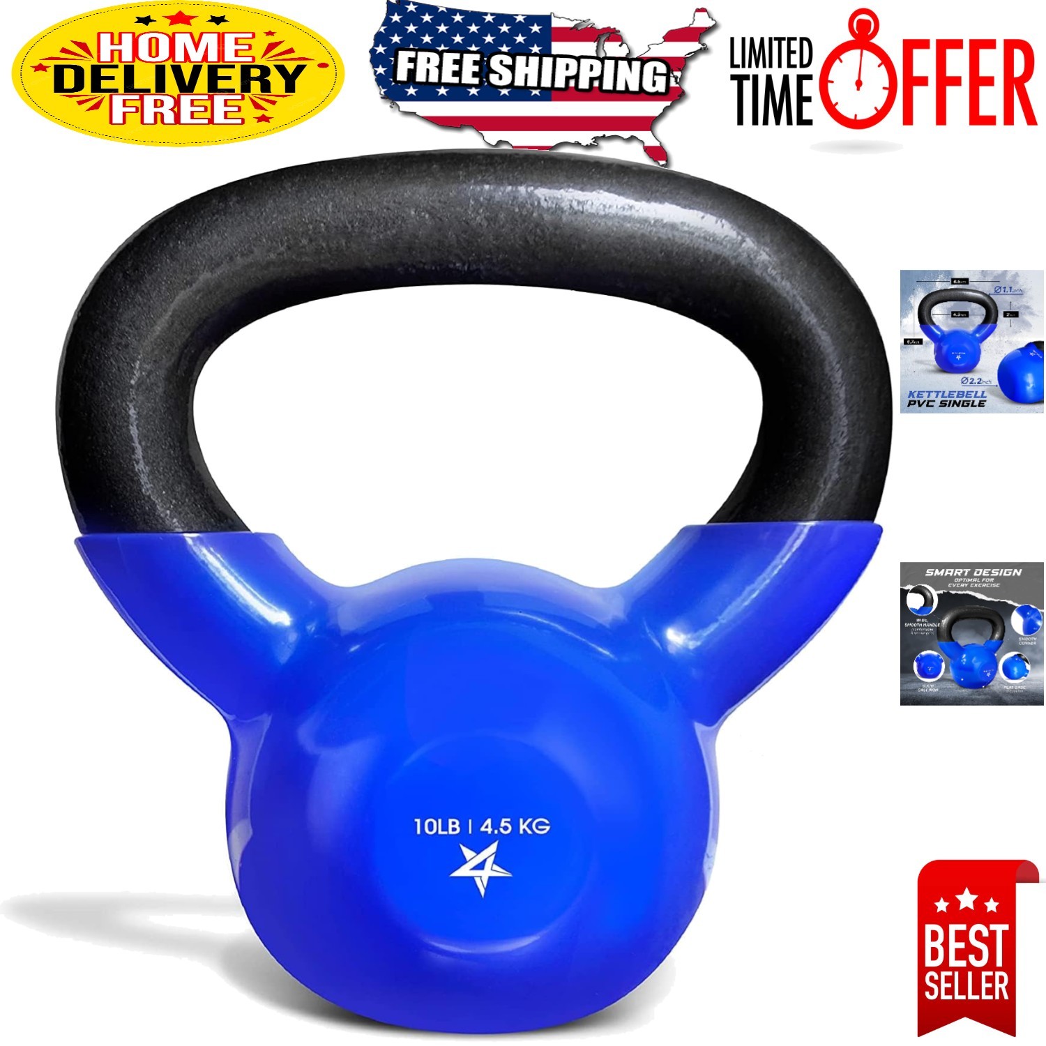 10 lb Vinyl Coated Cast Iron Kettlebell - Durable Home Gym Fitness Equipment