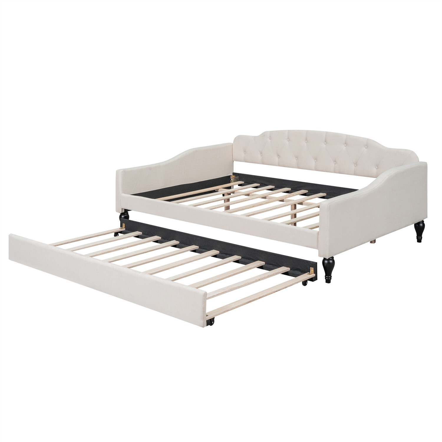 Full Size Daybed with Pull Out Trundle Bed Upholstered Bed Frame Sofa Bed Beige