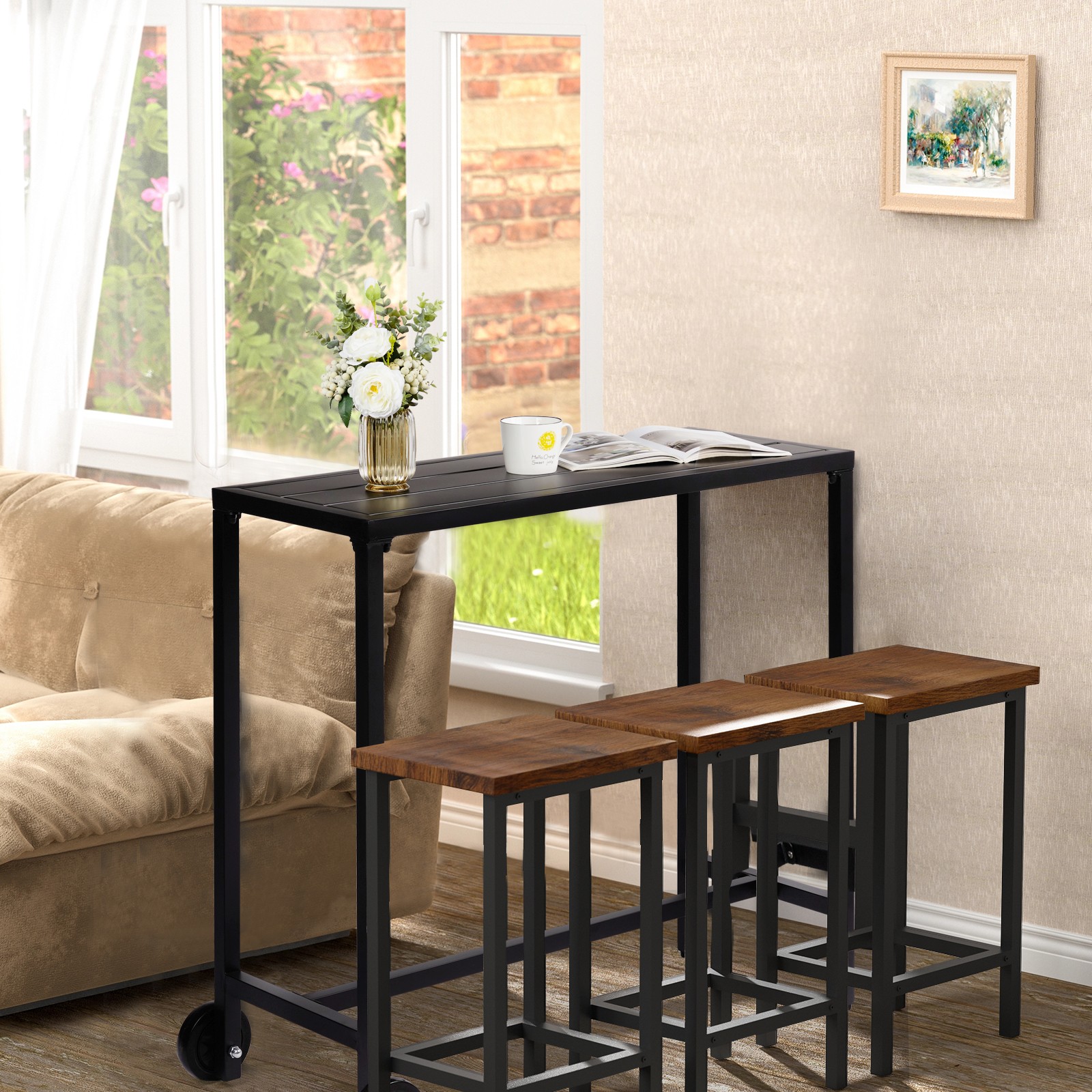 40" Outdoor Bar Table with Wheels, Rectangle Narrow Counter Height Table