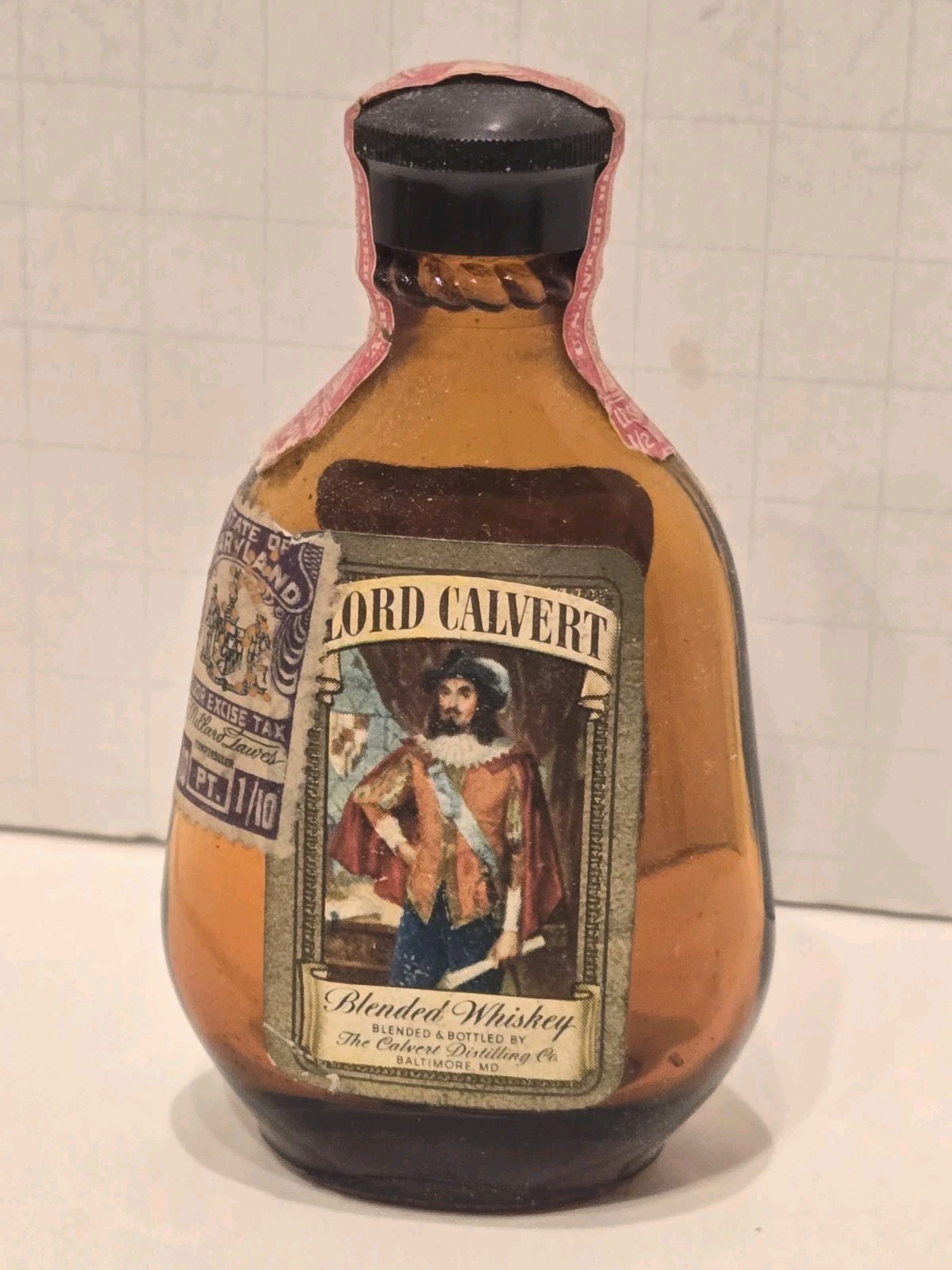 RARE 1940's Lord Calvert Miniature Mini Whiskey Empty Glass Bottle Tax Stamp