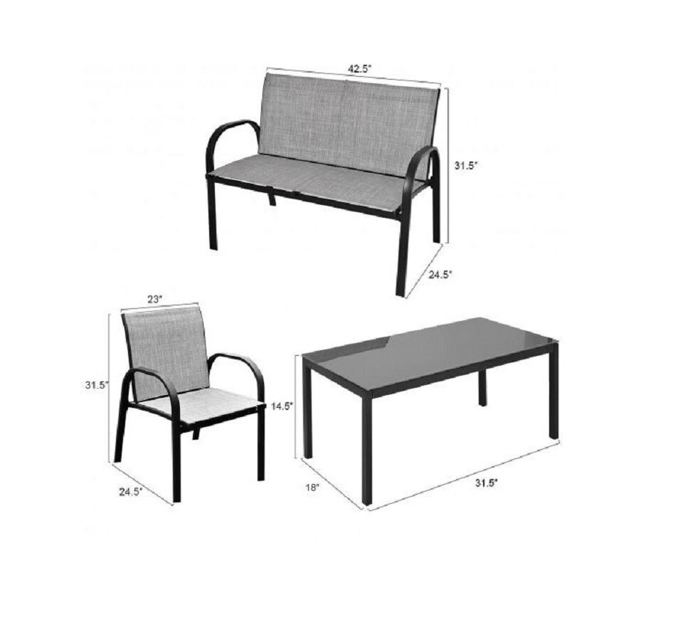 Gray 4 Pc Patio Conversation Set w/ Glass Top Coffee Table 2 Chairs Loveseat