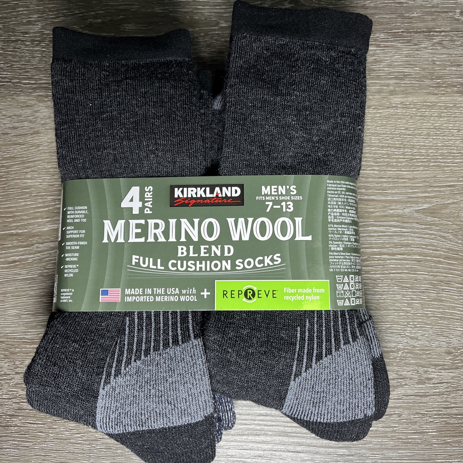 Kirkland Signature Mens Merino Wool Blend Socks 7-13 Shoe Size 4 Pairs New